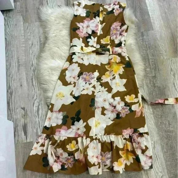 Calvin Klein Women Floral Printed Ruffled,Hem Dress, Tan Wheat Sz 6 - Picture 8 of 10